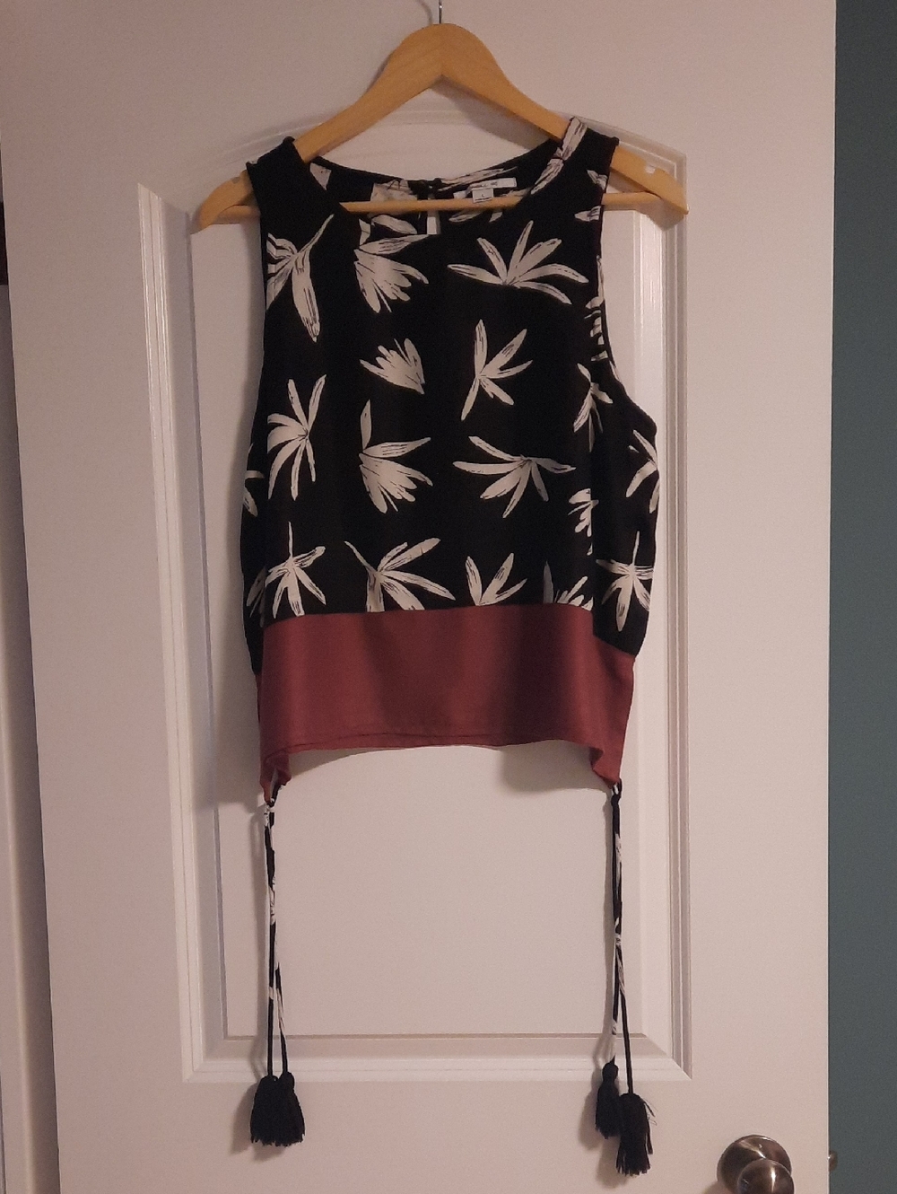 O'Neill Black Floral Sleeveless Tank with Burgundy Hem